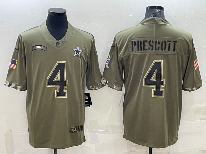 Men's Dallas Cowboys Dak Prescott #4 Olive 2022 Salute To Service Limited Jersey1
