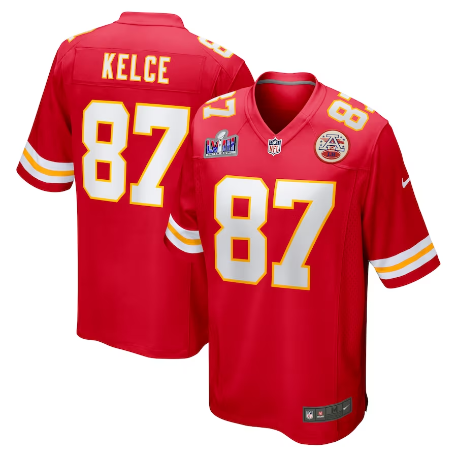 Men's Kansas City Chiefs Travis Kelce #87 Red Super Bowl LVIII Game Jersey1
