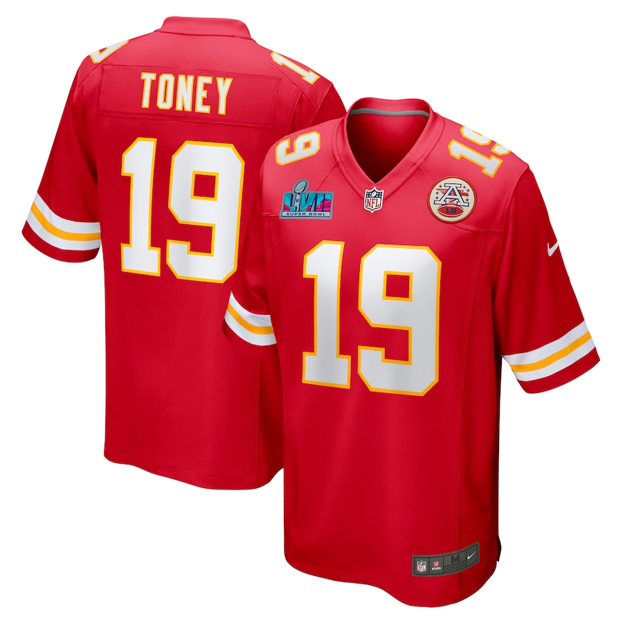 Men's Kansas City Chiefs Kadarius Toney #19 Red Super Bowl LVII Patch Game Jersey1