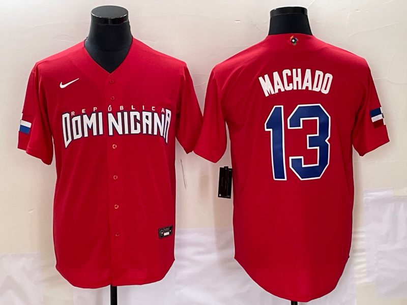 Men's 2023 World Baseball Classic #13 Manny Machado Dominican Republic Red Jersey1