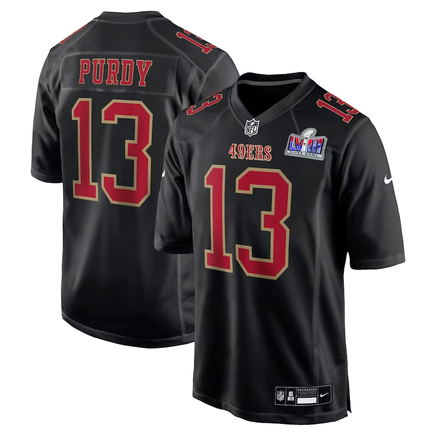 Men's San Francisco 49ers Brock Purdy #13 Black Super Bowl LVIII Carbon Fashion Game Player Jersey1