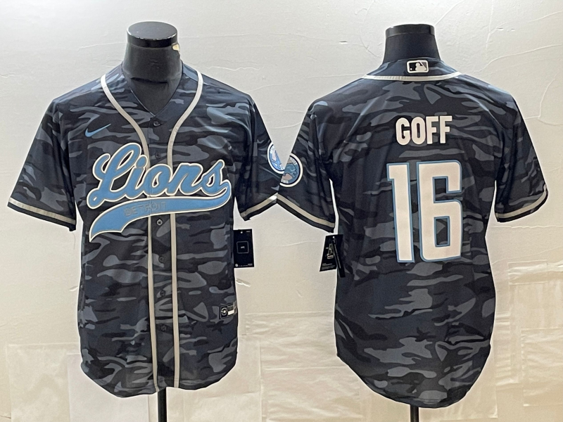 Men's Detroit Lions Jared Goff #16 Grey Camouflage Game Jersey1 Joint Edition