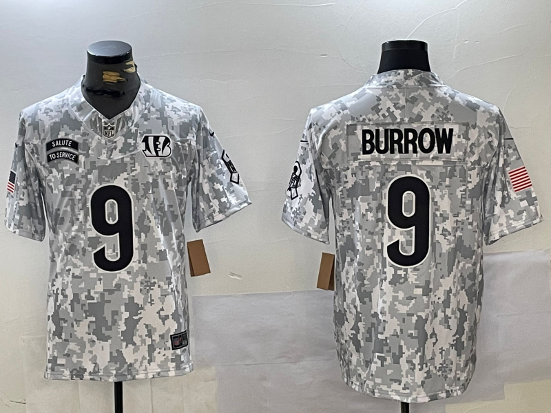 Men's Cincinnati Bengals Joe Burrow #9 Arctic Camo 2024 Salute to Service Limited Jersey1