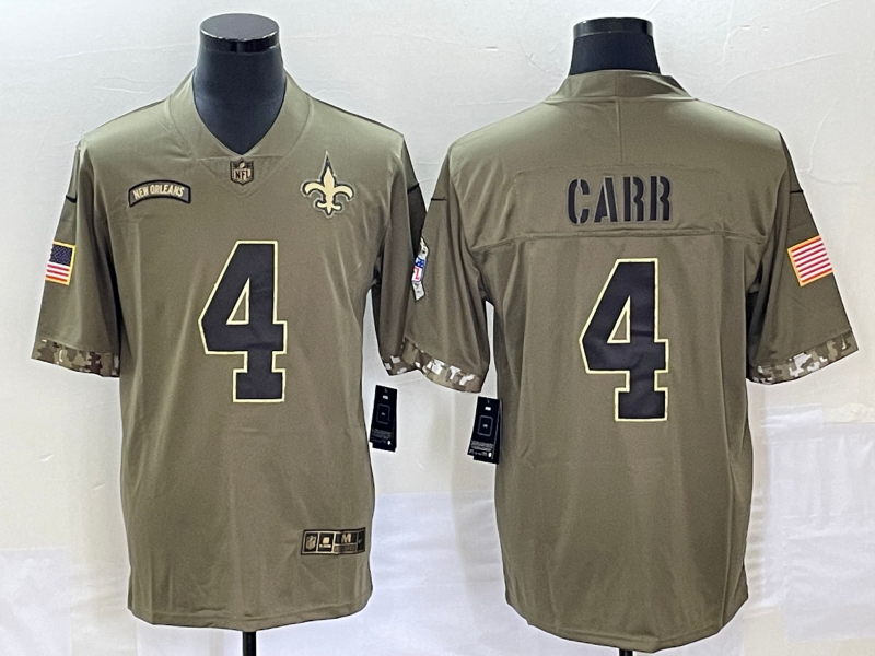 Men's New Orleans Saints Derek Carr #4 Olive 2022 Salute To Service Retired Player Limited Jersey1