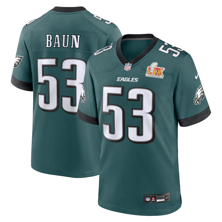 Men's Philadelphia Eagles Zack Baun #53 Midnight Green Super Bowl LIX Game Player Jersey1