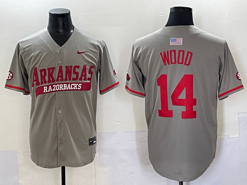 Men's Arkansas Razorbacks Gage Wood #14 Gray Replica Player Jersey