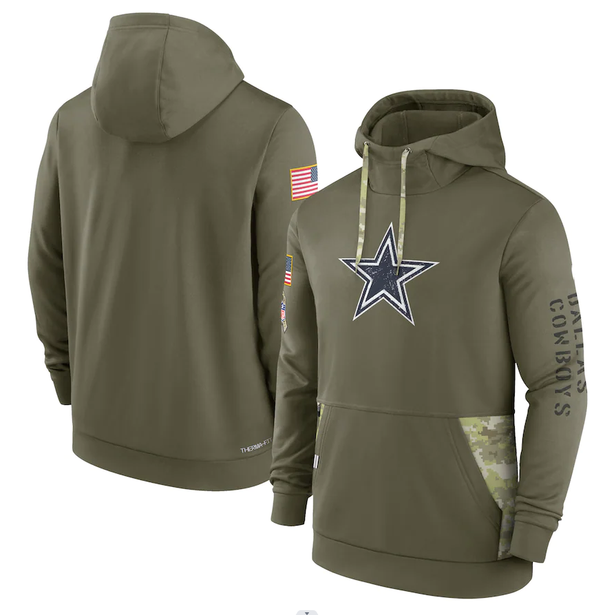 Men's Dallas Cowboys Olive 2022 Salute to Service Therma Performance Pullover Hoodie1
