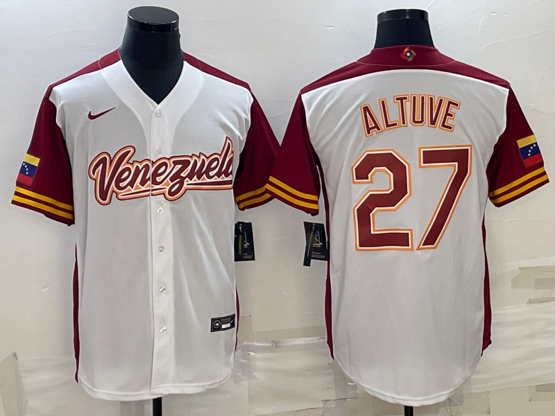 Men's 2023 World Baseball Classic #27 Jose Altuve Venezuela White Jersey1