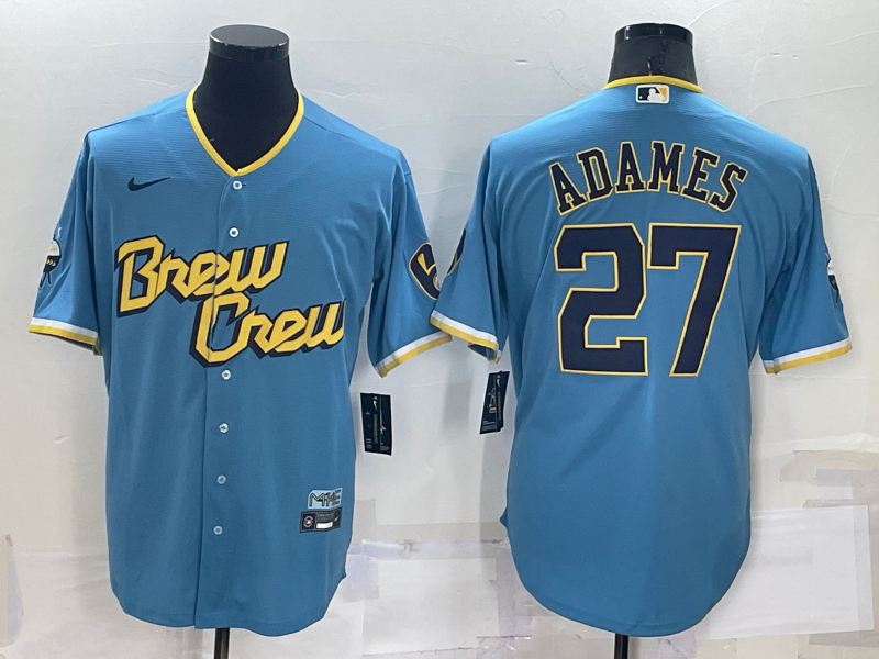 Men's Milwaukee Brewers Willy Adames #27 Blue Stitched Jersey1