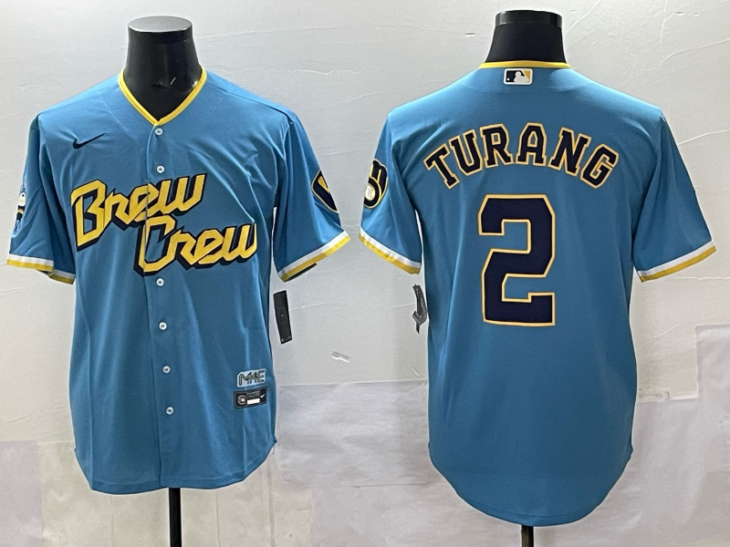 Men's Milwaukee Brewers Brice Turang #2 Powder Blue City Connect Replica Player Jersey