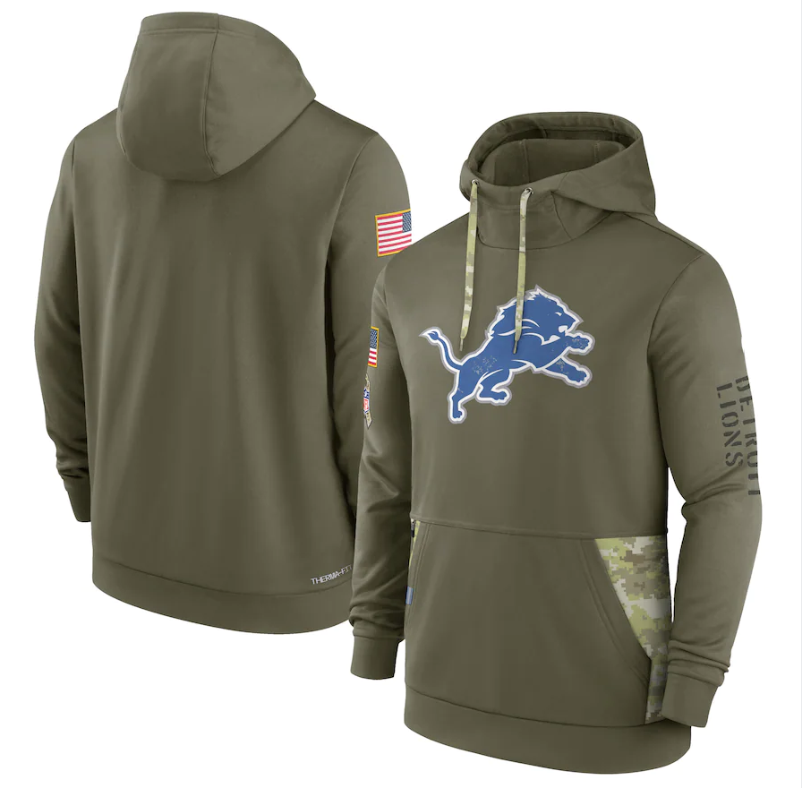 Men's Detroit Lions Olive 2022 Salute to Service Therma Performance Pullover Hoodie1