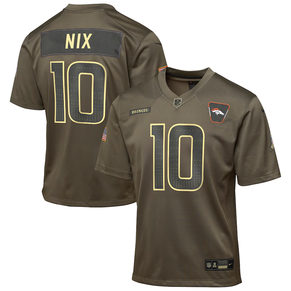 Youth Denver Broncos Bo Nix Nike Olive 2025 Salute to Service Game Jersey
