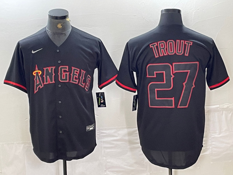 Men's Los Angeles Angels Mike Trout #27 MLB Black Sewn Baseball Jersey