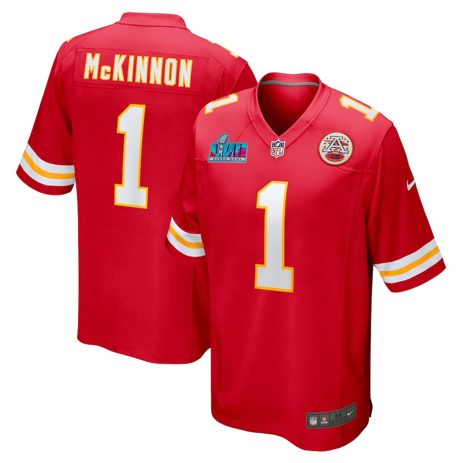 Men's Kansas City Chiefs Jerick McKinnon #1 Red Super Bowl LVII Patch Game Jersey1
