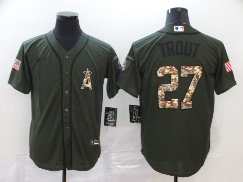 Men's Los Angeles Angels Mike Trout #27 Army Green Replica Player Jersey