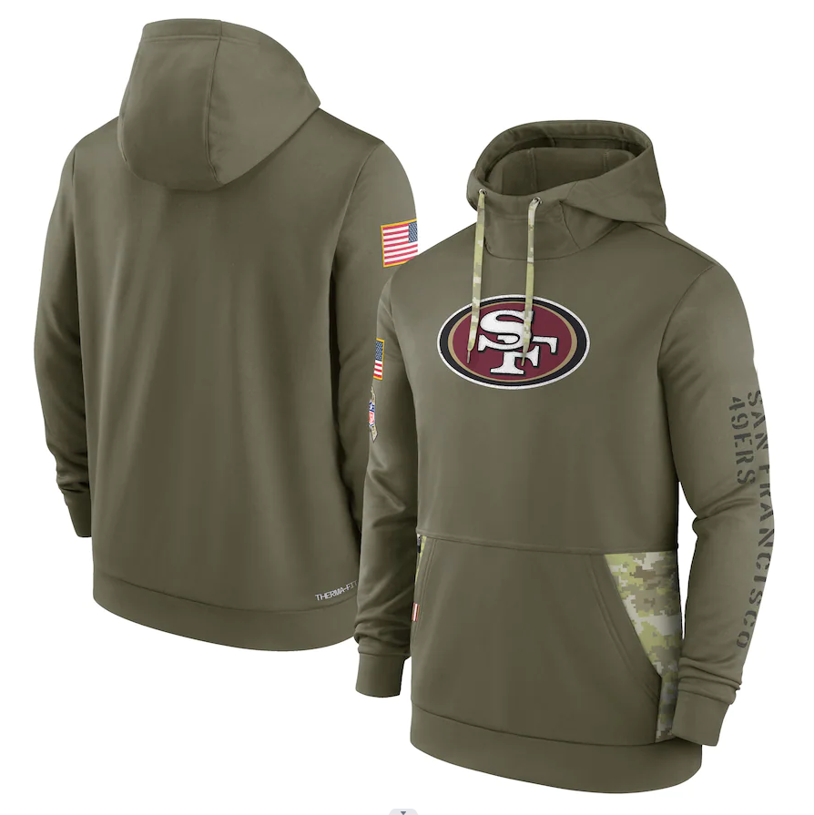 Men's San Francisco 49ers Olive 2022 Salute to Service Therma Performance Pullover Hoodie1