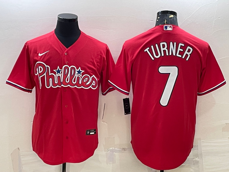 Men's Philadelphia Phillies Trea Turner #7 Red Replica Player Jersey1