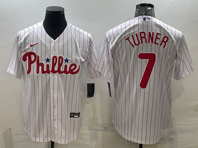 Men's Philadelphia Phillies Trea Turner #7 White Home Replica Player Jersey1