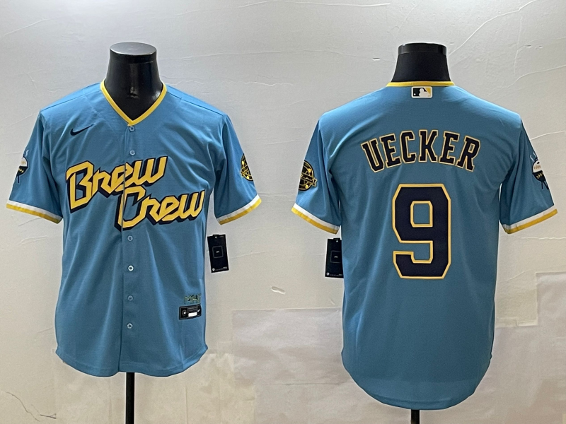 Men's Milwaukee Brewers Bob Uecker #9 Powder Blue City Connect Replica Player Jersey