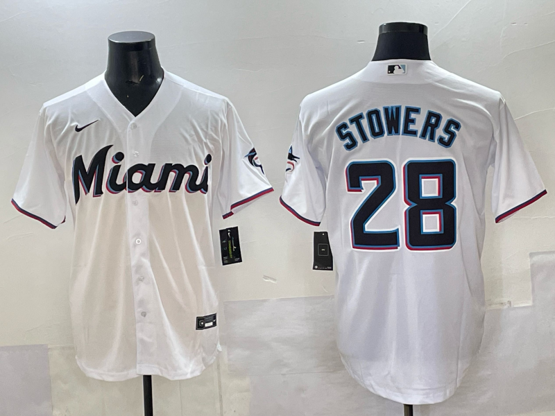 Men's Miami Marlins Kyle Stowers #28 White Home Replica Player Jersey