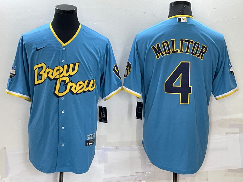 Men's Milwaukee Brewers Paul Molitor #4 Blue Stitched Jersey1
