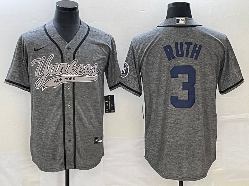 Men's New York Yankees Babe Ruth #3 Gray Game Jersey1 Joint Edition