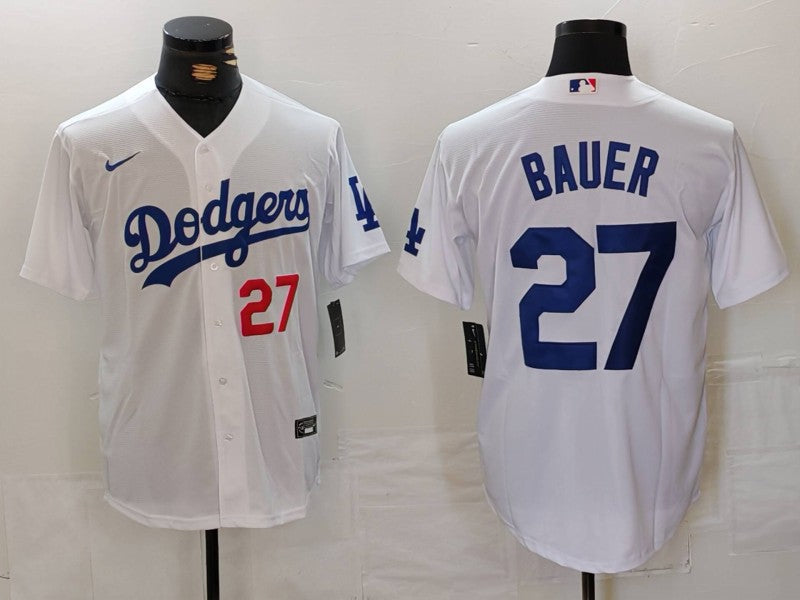 Men's Los Angeles Dodgers Trevor Bauer #27 White Replica Baseball Jersey1