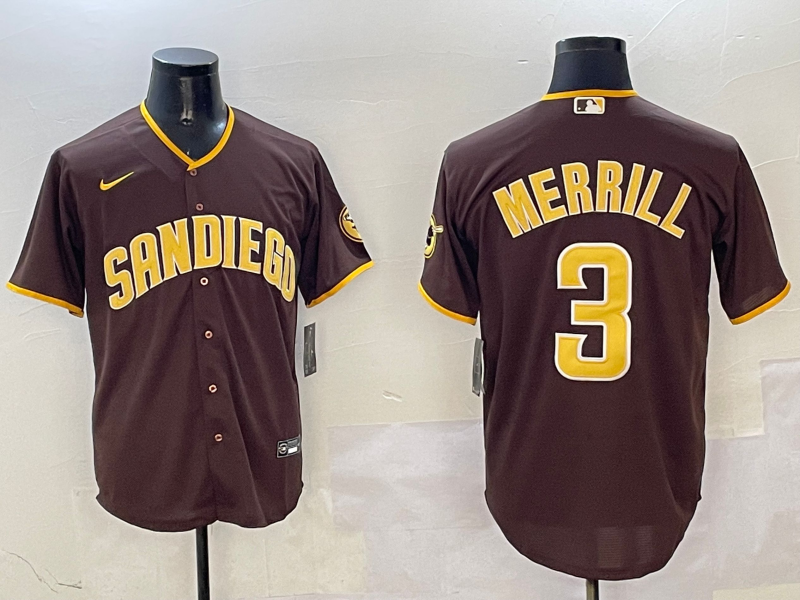 Men's San Diego Padres Jackson Merrill #3 Brown Replica Player Jersey1
