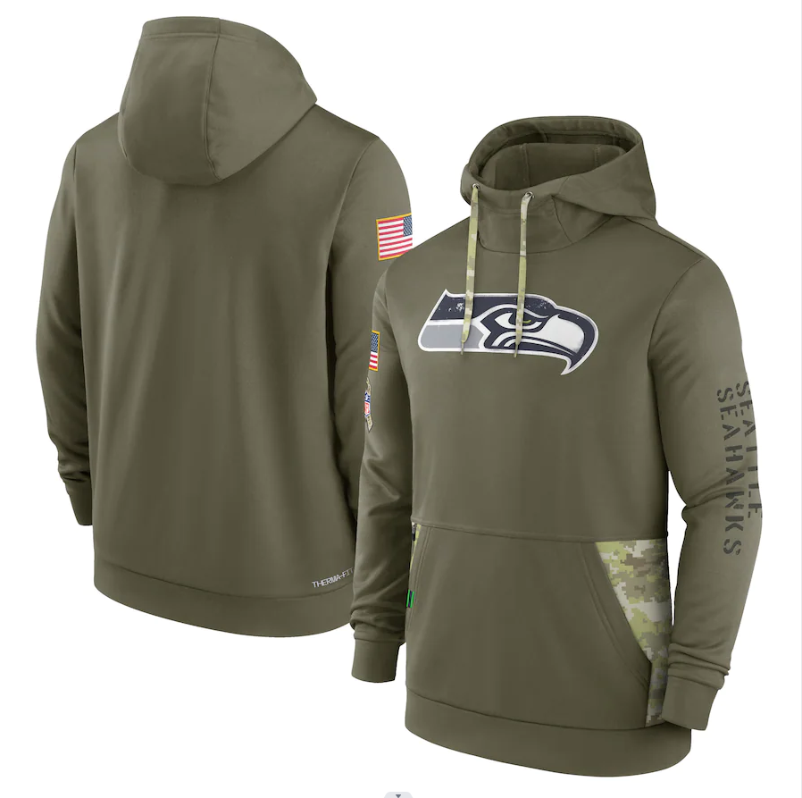 Men's Seattle Seahawks Olive 2022 Salute to Service Therma Performance Pullover Hoodie1