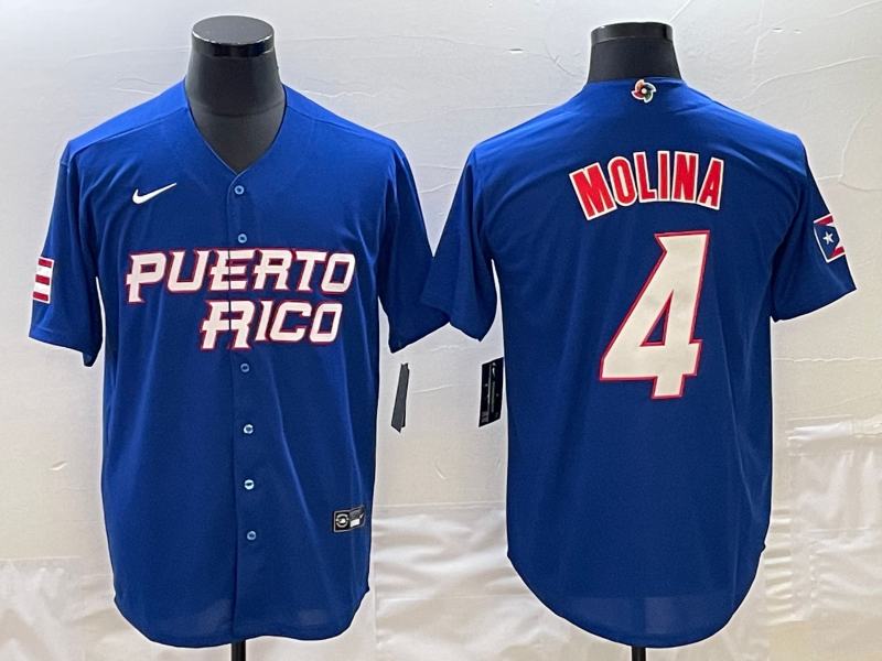 Men's 2023 World Baseball Classic #4 Yadier Molina Puerto Rico Blue Jersey1