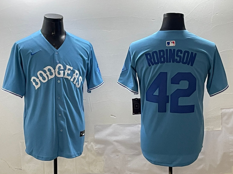 Men's Los Angeles Dodgers Jackie Robinson #42 Light Blue Replica Player Jersey