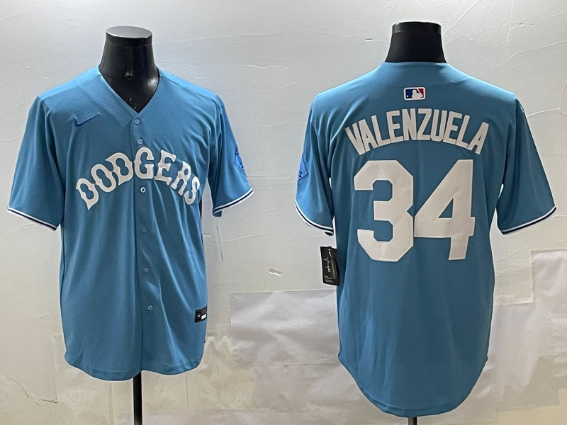 Men's Los Angeles Dodgers Fernando Valenzuela #34 Light Blue Limited Player Jersey