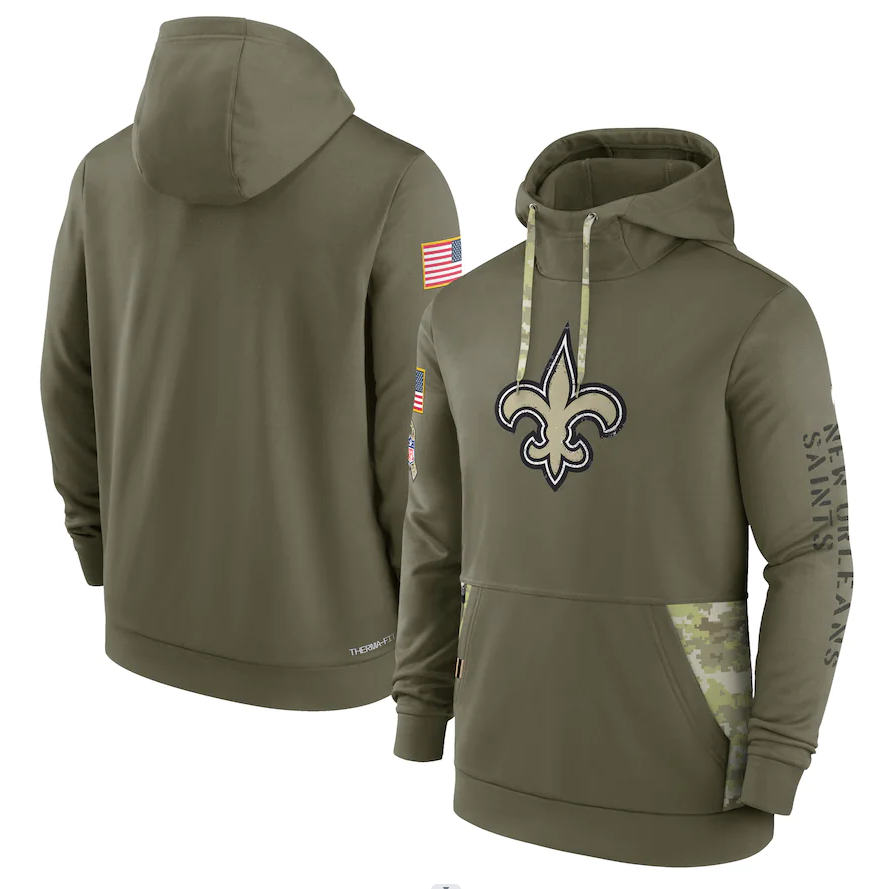 Men's New Orleans Saints Olive 2022 Salute to Service Therma Performance Pullover Hoodie1