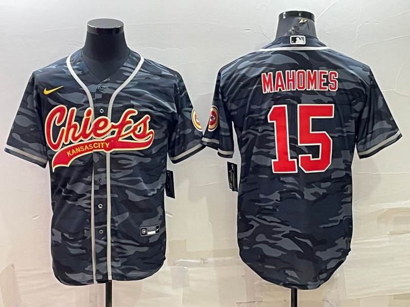 Men's Kansas City Chiefs Patrick Mahomes #15 Grey Camouflage Game Jersey1 Joint Edition