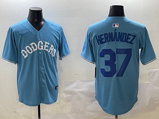 Men's Los Angeles Dodgers Teoscar Hernandez #37 Light Blue Replica Player Jersey1