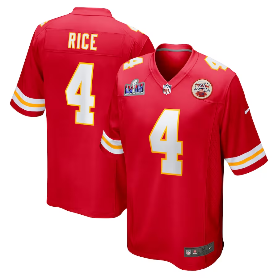 Men's Kansas City Chiefs Rashee Rice #4 Red Super Bowl LVIII Game Jersey1