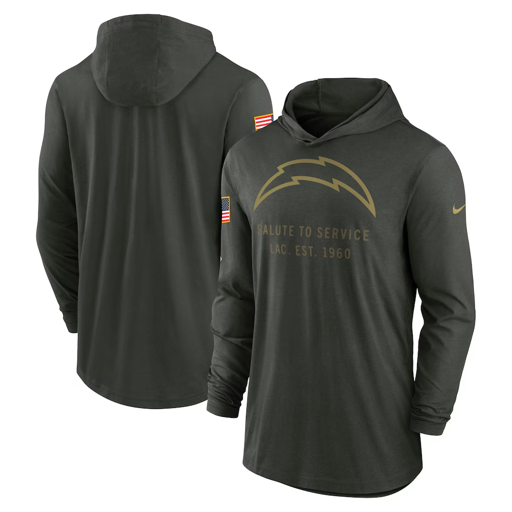 Men's Los Angeles Chargers Nike Forest Green 2025 Salute to Service Sideline Dri-FIT Lightweight Hooded Pullover
