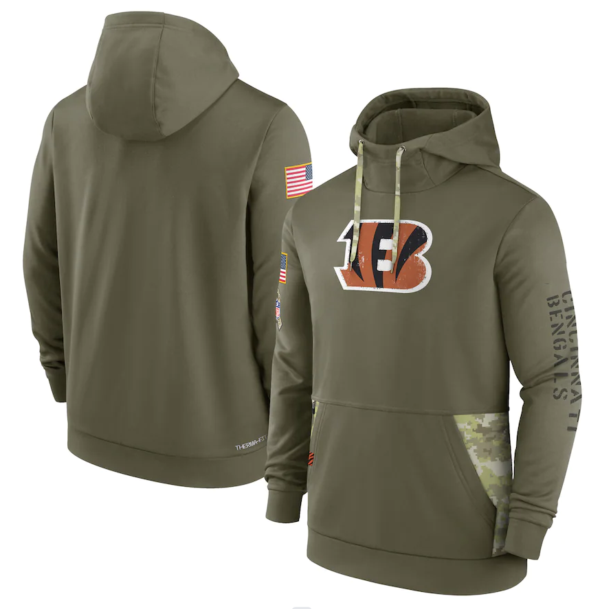 Men's Cincinnati Bengals Olive 2022 Salute to Service Therma Performance Pullover Hoodie1
