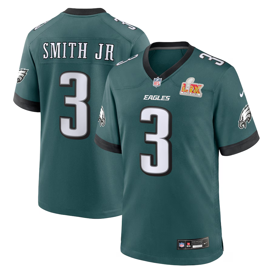 Men's Philadelphia Eagles Nolan Smith #3 Midnight Green Super Bowl LIX Game Player Jersey1