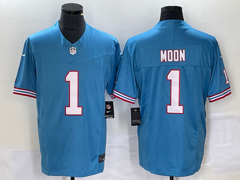 Men's Tennessee Titans Warren Moon #1 Light Blue Oilers Throwback Retired Player Game Jersey1