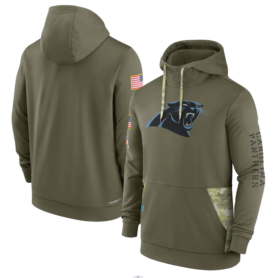 Men's Carolina Panthers Olive 2022 Salute to Service Therma Performance Pullover Hoodie1