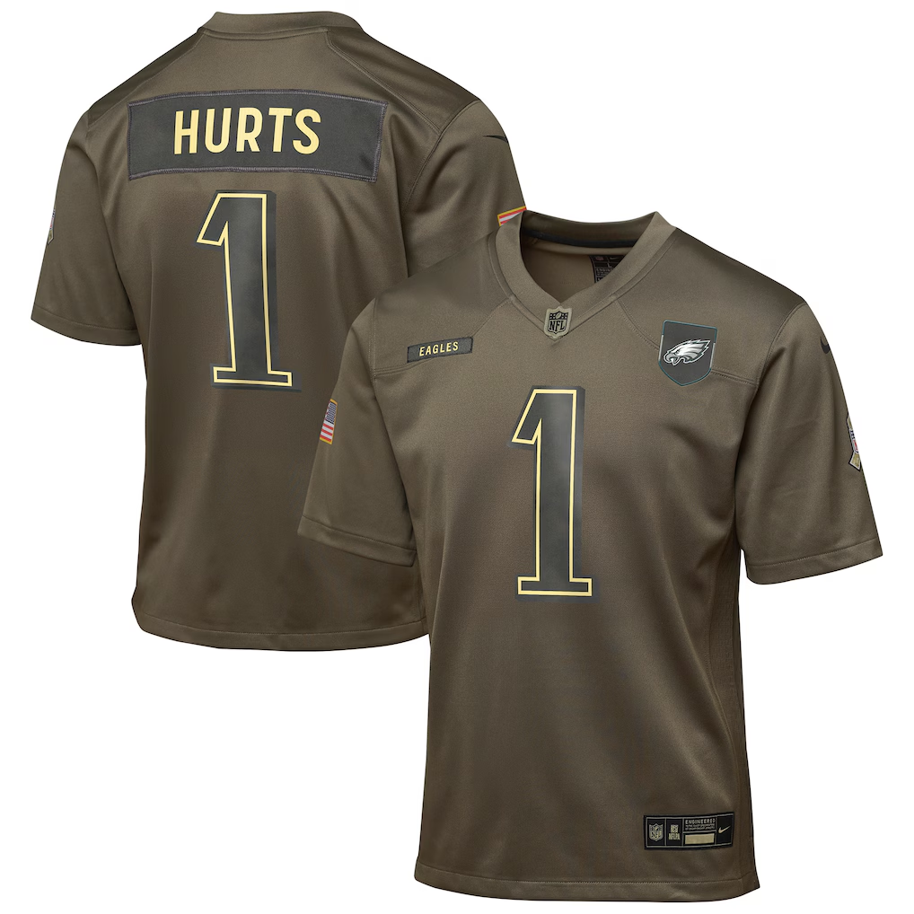 Youth Philadelphia Eagles Jalen Hurts Nike Olive 2025 Salute to Service Game Jersey