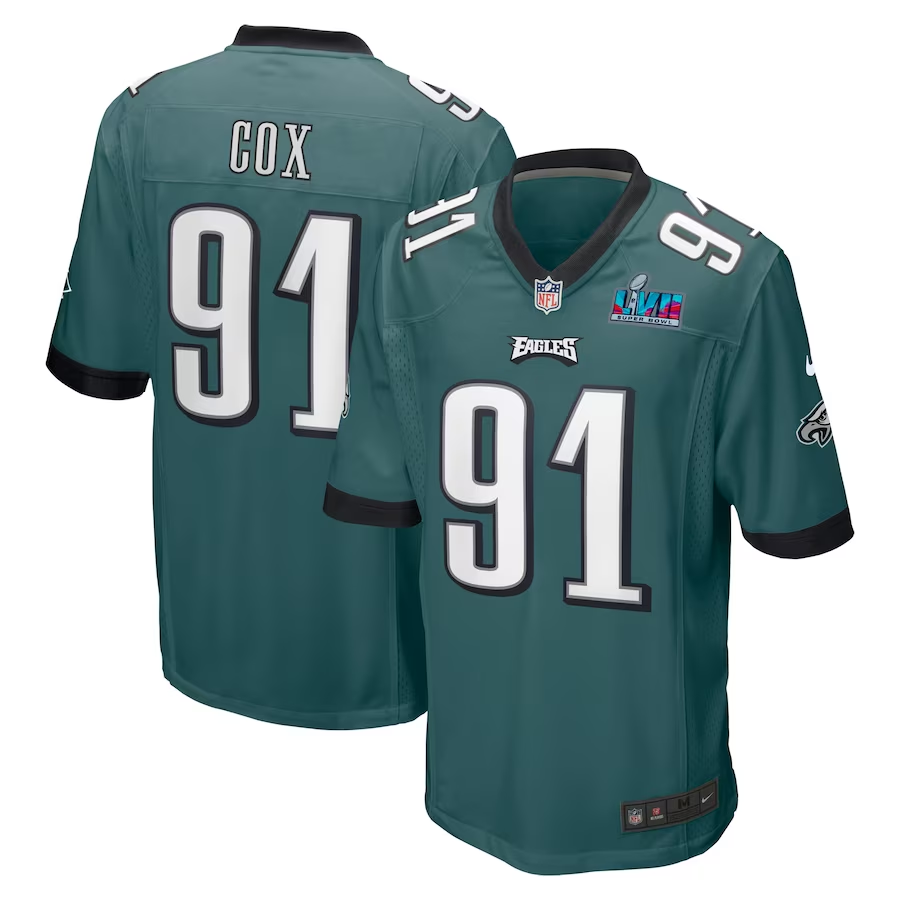 Men's Philadelphia Eagles Fletcher Cox #91 Midnight Green Super Bowl LVII Patch Game Jersey1