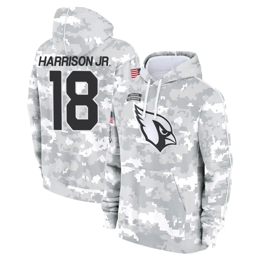 A.Cardinals #18 Marvin Harrison Jr. Player Camo Salute to Service Hoodies Football Jerseys