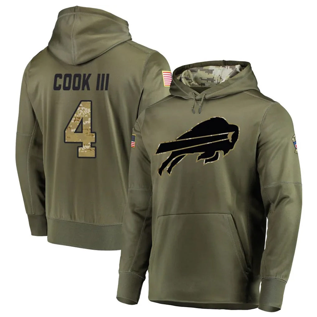B.Bills #4 James Cook III Player Salute to Service Hoodies Olive Football Jerseys
