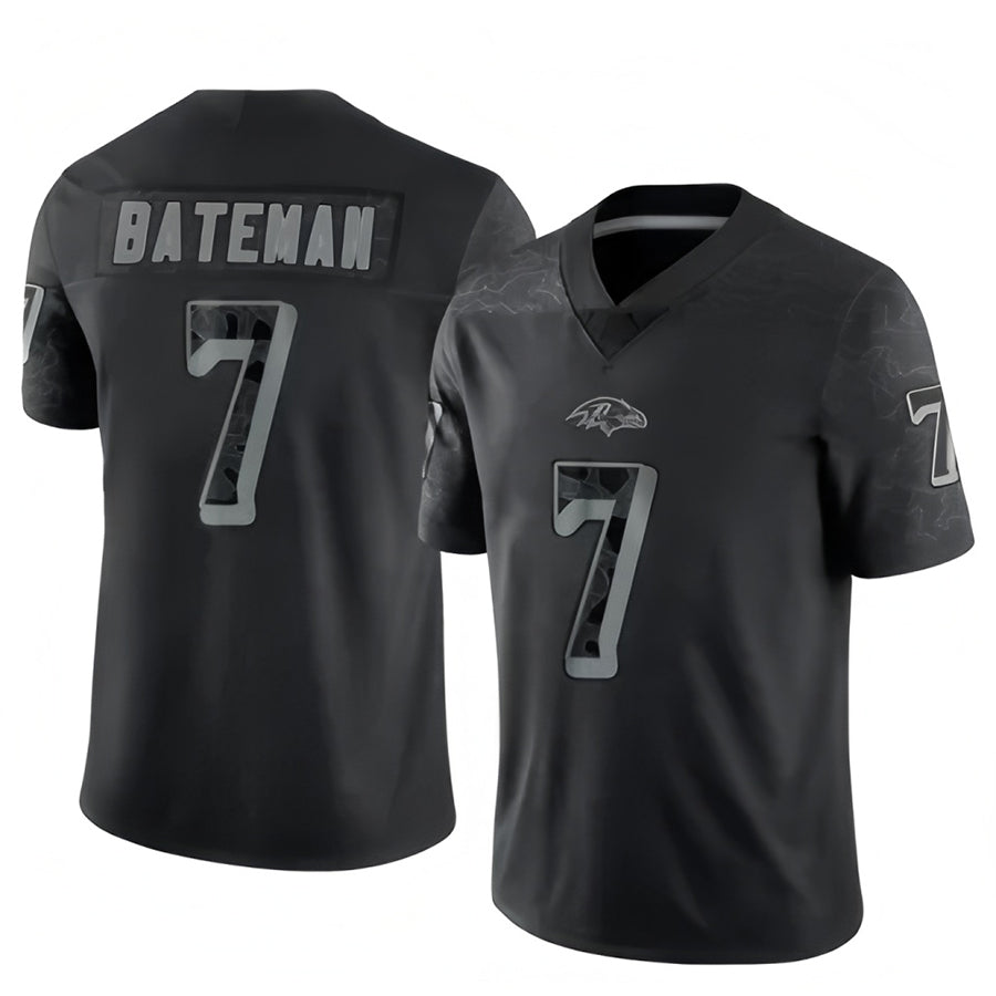 B.Ravens #7 Rashod Bateman Player Black RFLCTV Limited Football Jerseys