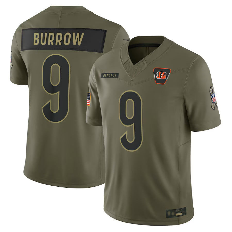 C.Bengals #9 Joe Burrow Player Olive Salute to Service Limited Football Jerseys