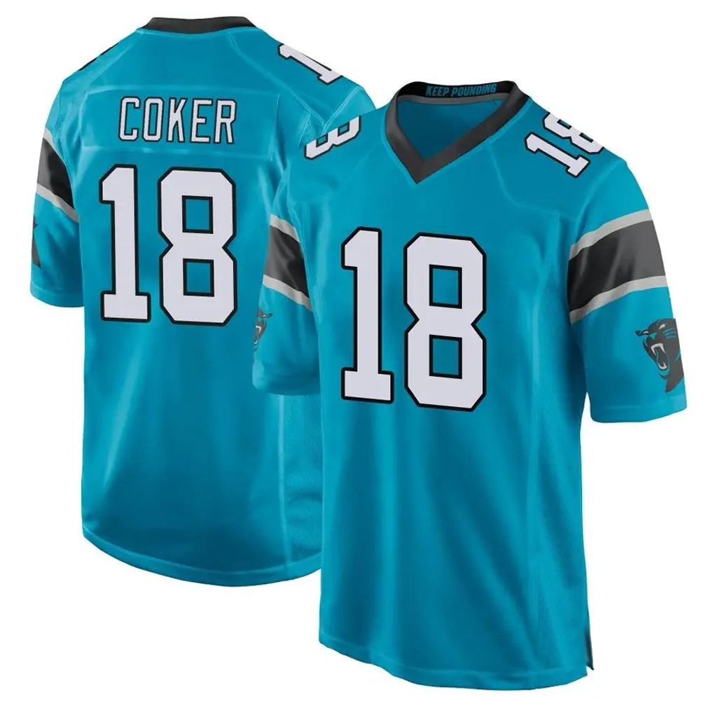 C.Panthers #18 Jalen Coker Player Blue Game Football Jerseys