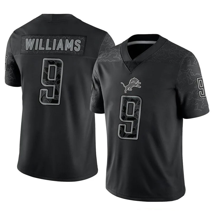 D.Lions #9 Jameson Williams Player Black REFLECTIVE Limited Football Jerseys