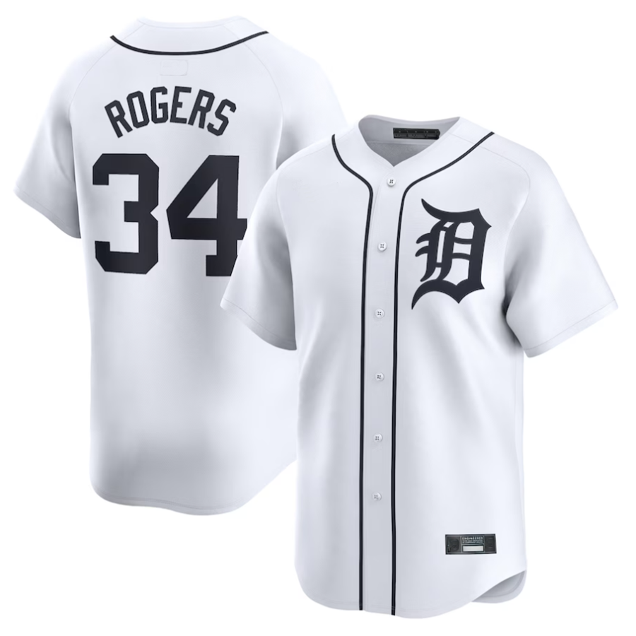 D.Tigers #34 Jake Rogers Player White Home Limited Baseball Jerseys